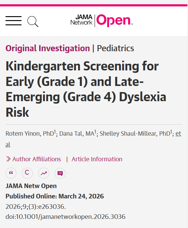 JAMANetworkOpen's tweet image. In a 5-year cohort of 515 children, #Kindergarten screening of cognitive-linguistic skills estimated risk for both early- and late-emerging #Dyslexia, supporting the value of developmentally sensitive screening within pediatric preventive care frameworks.

ja.ma/47rEYmx