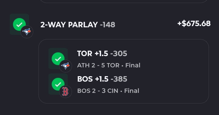 MLB MAIN PLAY CASHED 💰💰

Blue Jays +1.5 / Red Sox +1.5 (-148) ✅✅

#Gambling𝕏 #MLB