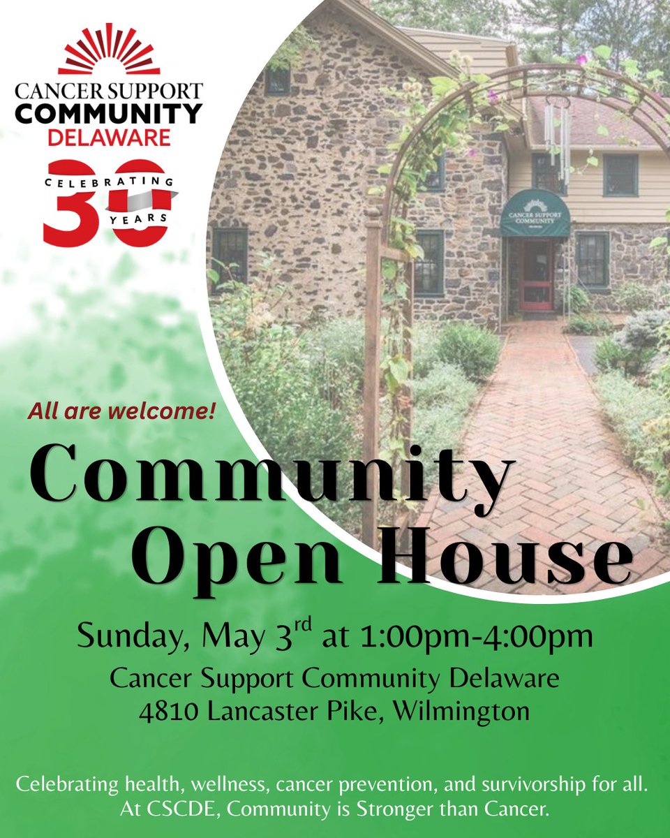 JessicaLewisDE's tweet photo. Cancer Support Community Delaware invites you to celebrate their 30th anniversary at their Community Open House in the New Castle County office on Sunday 5/3/26, 1-4PM.
 
Come and taste-test some TCC (of course🤣🥰) and remember: at CSCDE Community is Stronger than Cancer! https://t.co/VwQnYlGe7E
