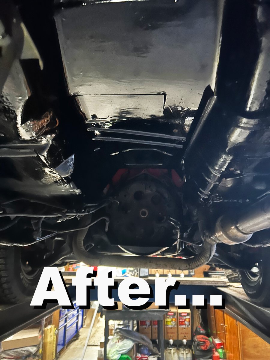 It's a rare opportunity when you get the chance to rust-proof and paint that portion of the truck that's usually covered by the transmission. Derek, at Steve's Transmission, Bristol, who's re-building Big Blues TH 400 transmission allowed me to rust proof the underside of the