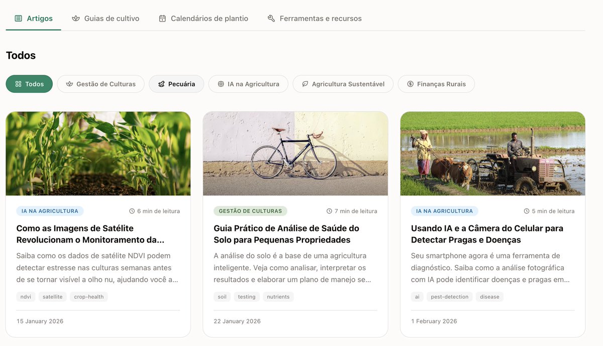 CroppleAI's tweet photo. Se você tá lidando com praga na soja, tentando acertar a janela de plantio do café ou entender a análise de solo — nosso blog tem guias passo a passo sem enrolação. Sem jargão, sem teoria inútil. Só o que funciona. 

Confira em https://t.co/wZBwzoO7hi

#brasilia https://t.co/PzyFDWzENV