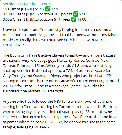 serbianbacapper's tweet photo. Have you ever seen someone suggest a 9+ 3PM bet to their VIP clients? Probably not. And someone who actually hit it? Now you have the chance to see it! 💎

🪜🪜🪜 FULL LADDER CASH – OUR GOAT, MR. Gary Trent Jr.! 🪜🪜🪜

1u G.Trent Jr. (MIL) o17.5 ✅ 1.91
0.10u G.Trent Jr. (MIL) to score 30+ points ✅ 9.50
0.05u G.Trent Jr. (MIL) to score 9+ threes ✅ 19.00