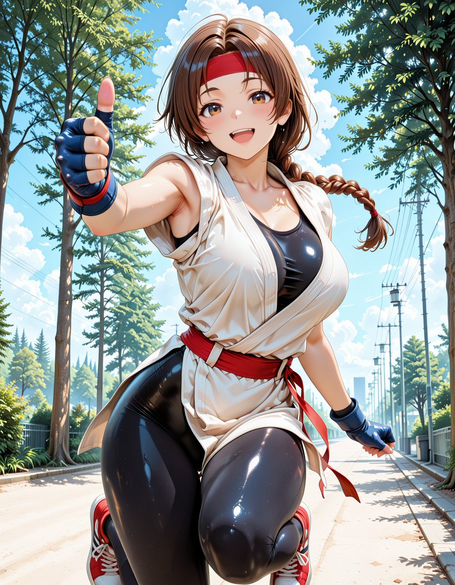 YAlan74787's tweet image. SFW illustration.
#YuriSakazaki #KOF #TheKingOfFighters #ユリ・サカザキ #ザ・キング・オブ・ファイターズ #MartialArts #KarateGi #Headband #ThumbsUp #Latex #AIArt #AIイラスト