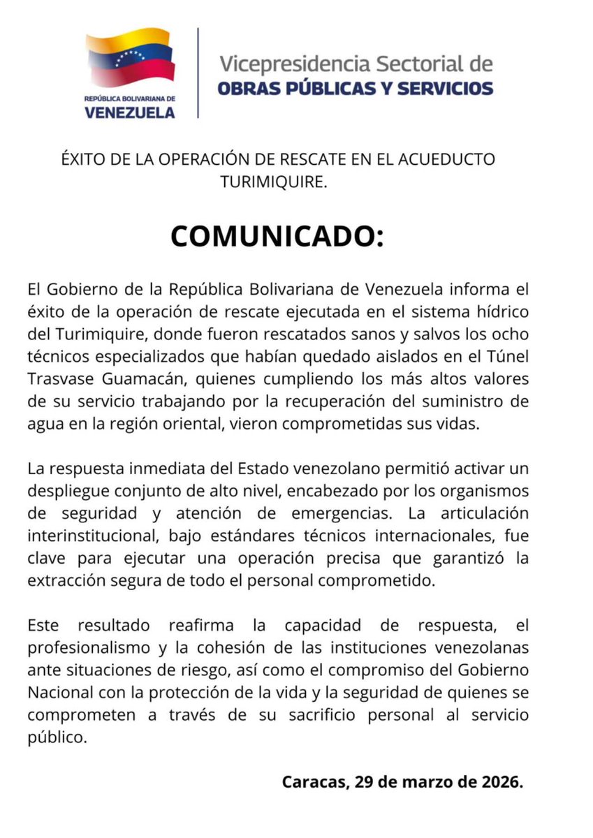 maperezpirela's tweet photo. GOBIERNO DE LA REPÚBLICA BOLIVARIANA DE VENEZUELA 
ÉXITO DE LA OPERACIÓN DE RESCATE EN EL ACUEDUCTO TURIMIQUIRE.  

Comunicado:

El Gobierno de la República Bolivariana de Venezuela informa el éxito de la operación de rescate ejecutada en el sistema hídrico del Turimiquire, donde fueron rescatados sanos y salvos los ocho técnicos especializados que habían quedado aislados en el Túnel Trasvase Guamacán, quienes cumpliendo los más altos valores de su servicio trabajando por la recuperación del suministro de agua en la región oriental, vieron comprometidas sus vidas.

La respuesta inmediata del Estado venezolano permitió activar un despliegue conjunto de alto nivel, encabezado por los organismos de seguridad y atención de emergencias. La articulación interinstitucional, bajo estándares técnicos internacionales, fue clave para ejecutar una operación precisa que garantizó la extracción segura de todo el personal comprometido.

Este resultado reafirma la capacidad de respuesta, el profesionalismo y la cohesión de las instituciones venezolanas ante situaciones de riesgo, así como el compromiso del Gobierno Nacional con la protección de la vida y la seguridad de quienes se comprometen a través de su sacrificio personal al servicio público.

Caracas, 29 de marzo de 2026.