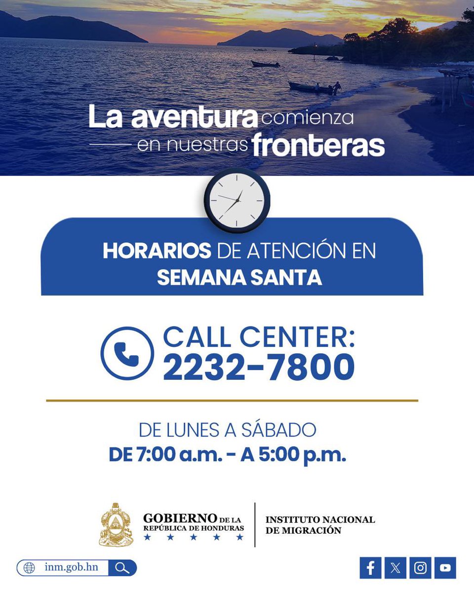 MigracionHND's tweet photo. ¿Necesitas asistencia?

🕢Este es el horario de atención de Call Center del Instituto Nacional de Migración durante esta #SemanaSanta2026.

Nuestro equipo está listo para orientarte y resolver tus consultas de forma ágil.

#Migración #Honduras 

@hnpresidencia 
@hn_gobierno https://t.co/nfZspQ1QEw
