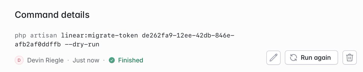 I'd love for <a href="/laravelphp/">Laravel</a> cloud to add this "edit" button to commands.

It could instantly send you back to the commands page with your previous command autofilled so you can change it. (For example, I want to remove "--dry-run" in this case)