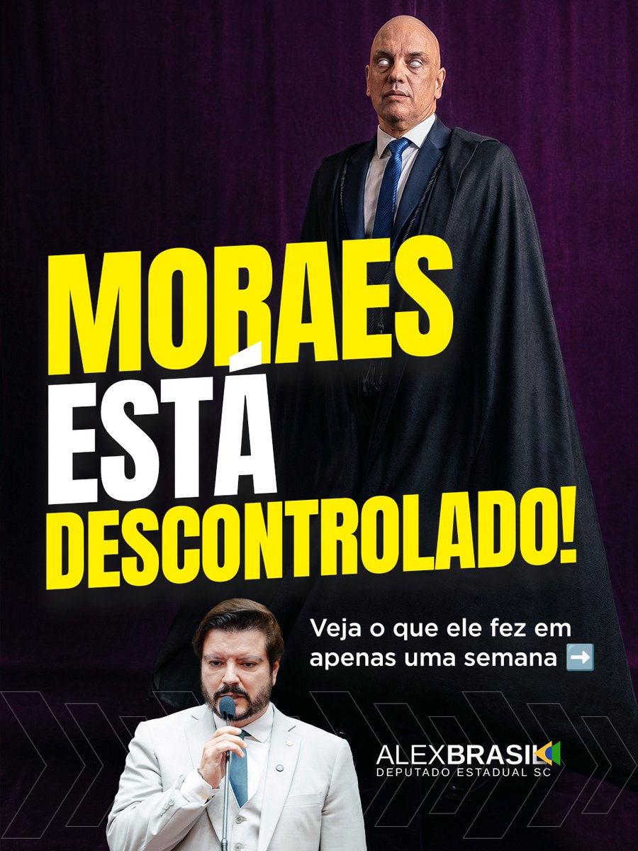 AlexanderBrasil's tweet photo. 🔴 Moraes parece não ter limites e avança sobre as liberdades fundamentais. Em apenas uma semana, o ministro mostrou sua face mais autoritária. Primeiro, ao apoiar resolução que amordaça psicólogos cristãos, ferindo a liberdade de crença. Depois, votou pelo confisco do direito de quem trabalhou a vida toda, em um verdadeiro roubo aos aposentados. Para completar, restringiu o COAF, dificultando o combate à corrupção e abrindo brecha para anular provas contra o sistema. É o ativismo judicial sufocando a democracia. O Brasil precisa de ordem e respeito à Constituição!

🆂🅸🅶🅰️ @deputadoalexbrasil 
no Instagram e
no Facebook  🇧🇷