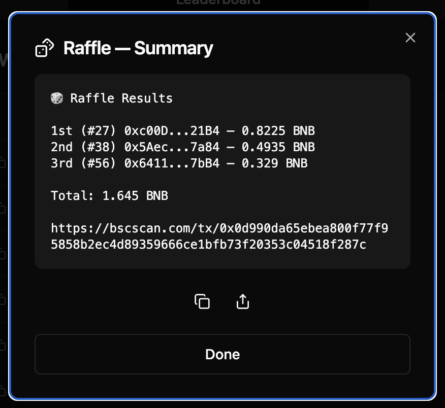 Congrats the the first batch of Leaderboard Raffle winners!  A new feature is coming to the Mining Leaderboard that allows anyone to select 3 lucky winners from the leaderboard.  Here is the output from the first.  The tools willbe launched soon for general use when we release