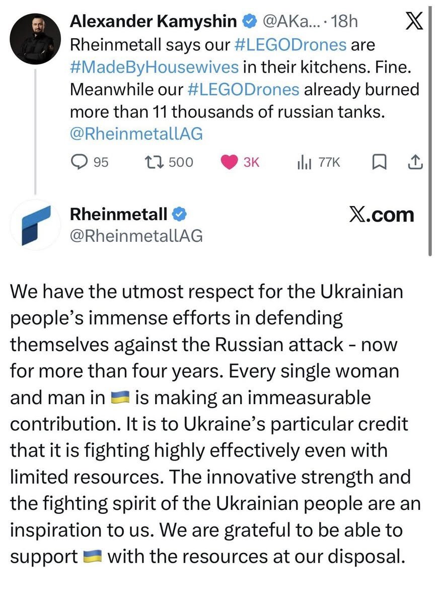 ALBK's tweet photo. Rheinmetall officiellement en mode «excuses et damage control» après les mots imbeciles de son PDG quant aux «LEGODrones»🇺🇦, «#MadeByHousewives dans leurs cuisines». L’#Ukraine répond: «En attendant, nos #LEGODrones ont déjà détruit plus de 11000 chars russes», dit le ministre🇺🇦. https://t.co/27TEgaqAmZ