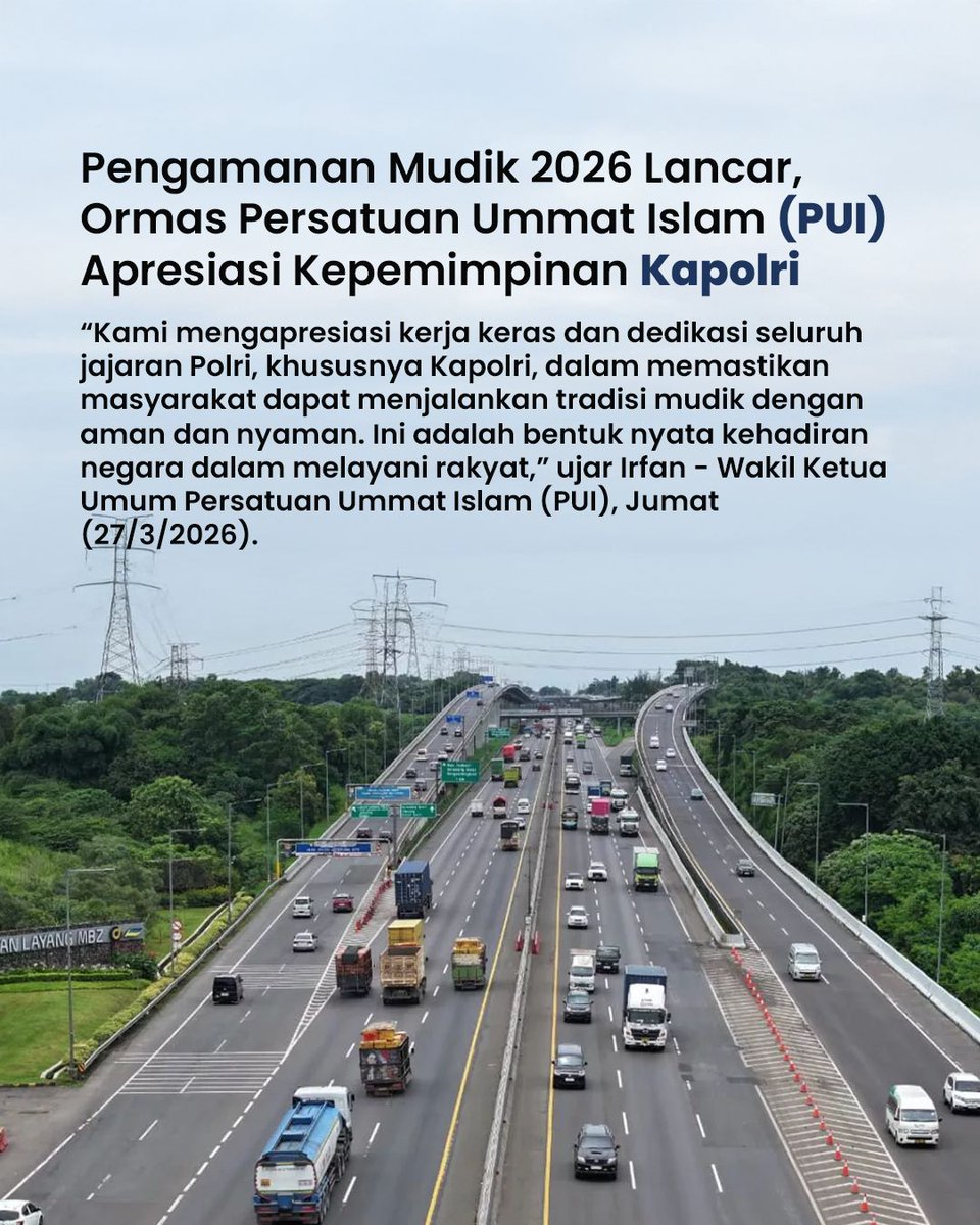 MahkamahPolitik's tweet photo. Apresiasi datang dari Ormas PUI atas kelancaran pengamanan Mudik 2026. Kerja keras Polri dalam menjaga kenyamanan pemudik dinilai sebagai bukti nyata kehadiran negara untuk rakyat.

#Mudik2026 #PolriPresisi #InfoMudik #PUI https://t.co/Rrk3ahmu1K