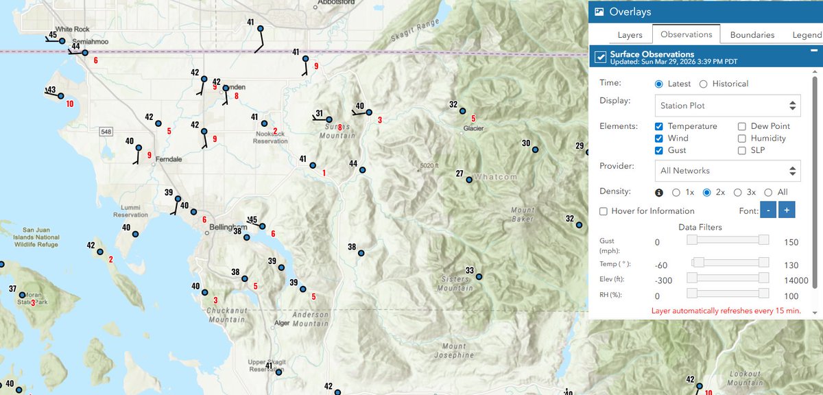 RandySmall's tweet image. Sunday, March 29, 2026 3:40 PM Observation post:
Cool right now - with BLI at 39°. Some south and west wind (gusts in red), but nothing crazy. Cool night coming with some areas near/at/or below freezing.
#wawx #whatcomcounty #pnw