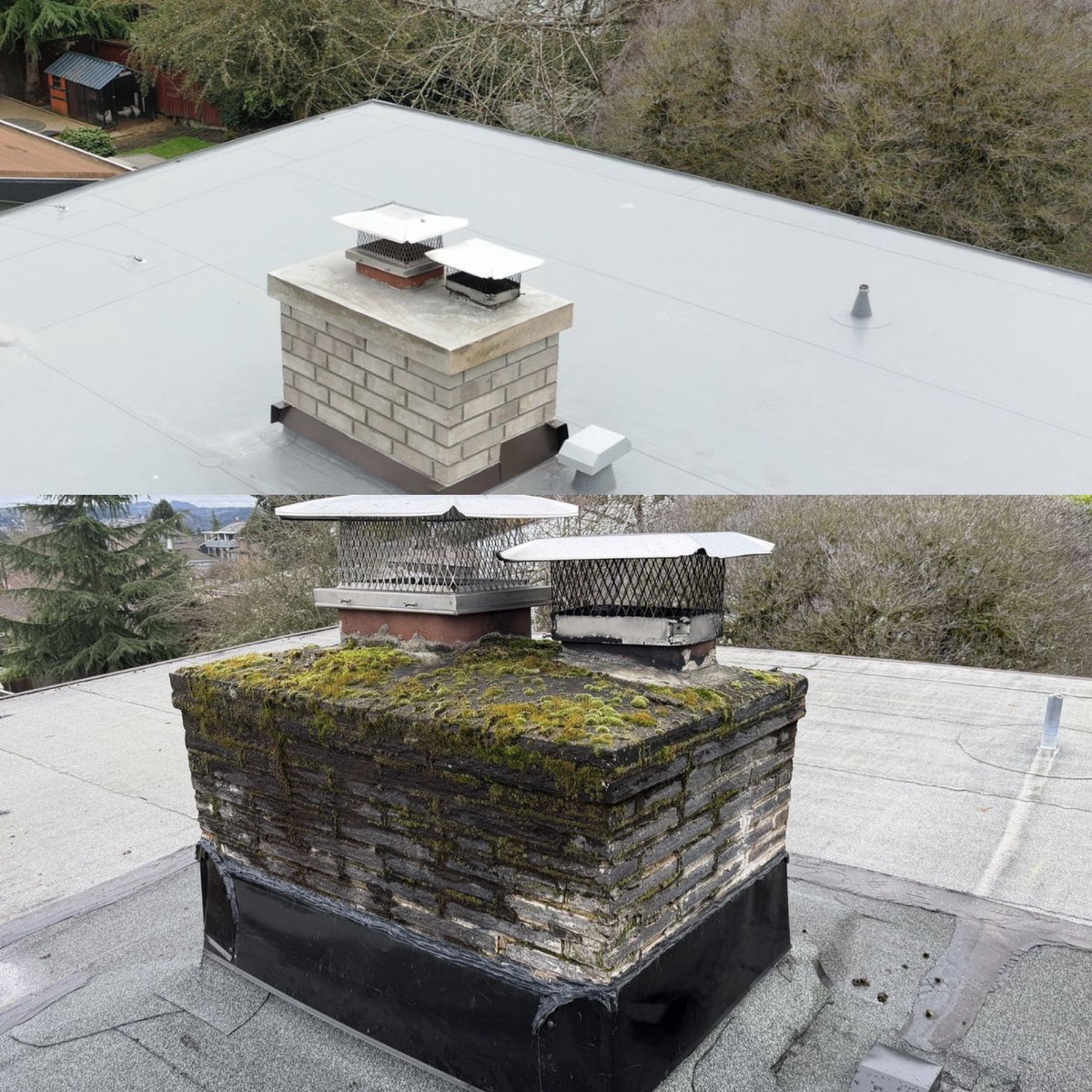 PinnaclePRP's tweet photo. Before ➡️ After: Full chimney rebuild in the Skyway neighborhood of Seattle.  A chimney is a roof penetration, whether you use it or not. One of the most common causes of roof leaks we see is an aging chimney that was left behind when the roof was replaced. Even with a brand new roof, water can still enter through deteriorated masonry, failed flashing, and cracked crown.  For this rebuild, our mason installed a 5-inch-thick concrete crown with rebar reinforcement for long-term durability. The crown extends slightly past the brick to create a drip edge that helps protect the masonry below.  We also installed proper stepped counter flashing set into the mortar joints and laid in a bed of mortar — never dry stacked and never caulked in.  Details matter when it comes to keeping water out of your home. If your chimney is showing signs of age, it may be time to address it before it becomes an expensive leak inside the house.  Need a new roof and your chimney is showing signs of age too? Call Pinnacle today. We handle both roofing and chimney work in-house to help keep your home dry and protected. 206.919.3538.  #ChimneyRebuild #ChimneyRepair #MasonryWork #SeattleRoofing #HomeImprovement #BeforeAndAfter #Waterproofing #RoofingLife #Masonry #BrickWork #CounterFlashing #ChimneyCrown #RoofingExperts #SkywayWA #TeamPRP