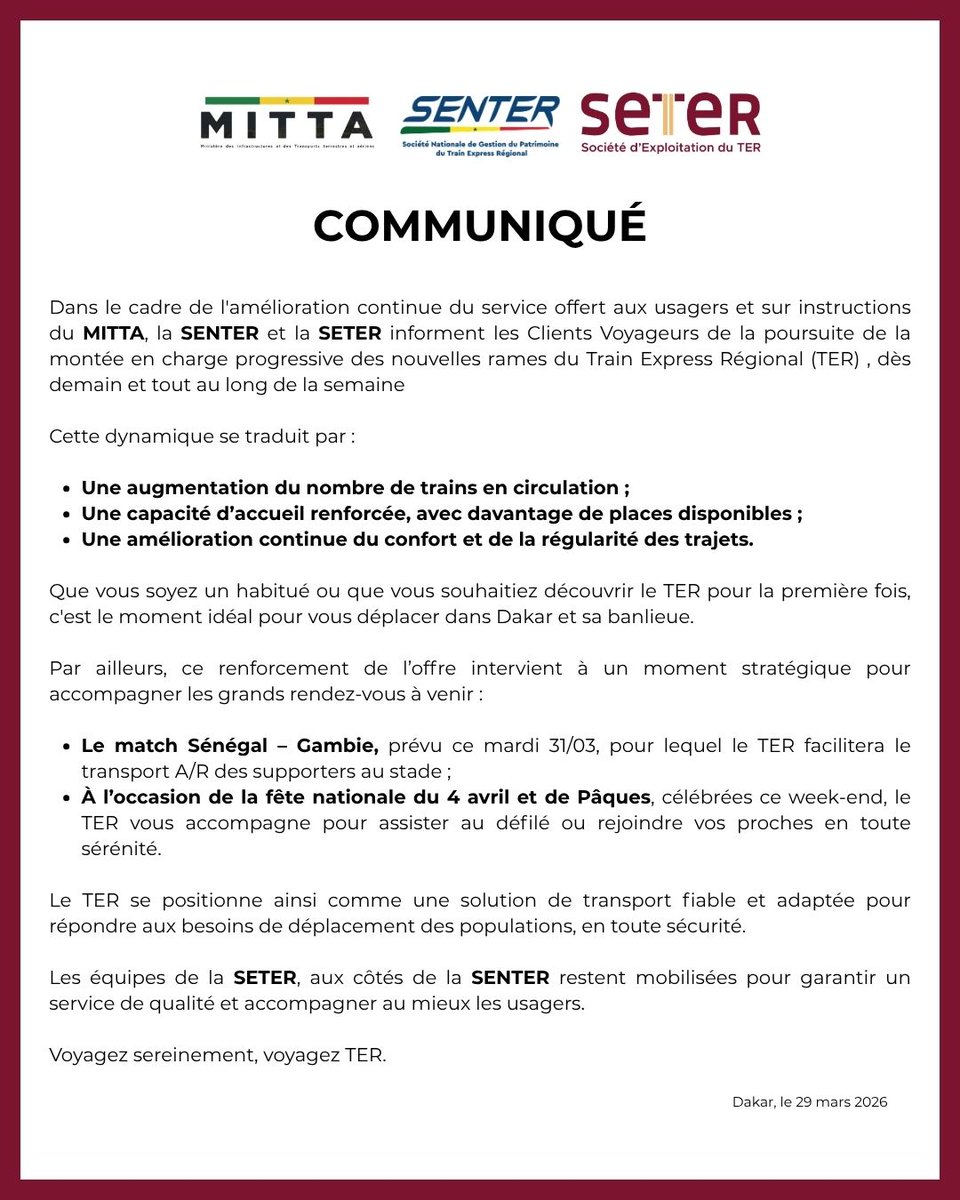 SETER_SN's tweet photo. Communiqué du 29/03 relatif à la montée en charge des nouvelles rames du TER.

#SETER #TER #SENTER #MITTA #APIX #SNCF #COMMUNIQUE https://t.co/OjV8UgHr4I