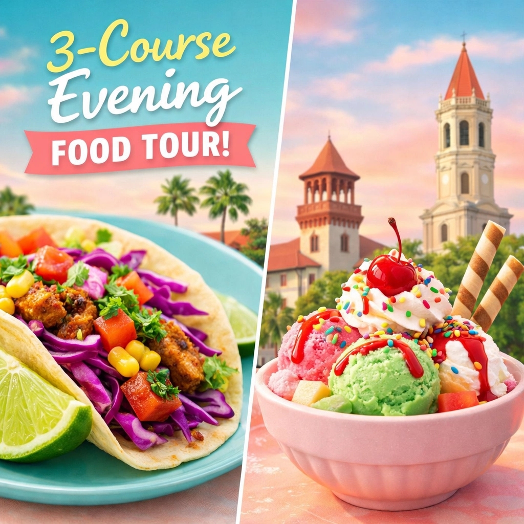 tourtourv's tweet image. As the sun goes down, the city begins to glow! ✨ Join our evening tour for the ultimate night out or cozy date. It’s a social 3-course adventure and it's soooo fun!! 🥂 Come see why plant-based is for everyone!! #FoodTourV #StAugustine #DateNight #Nightlife