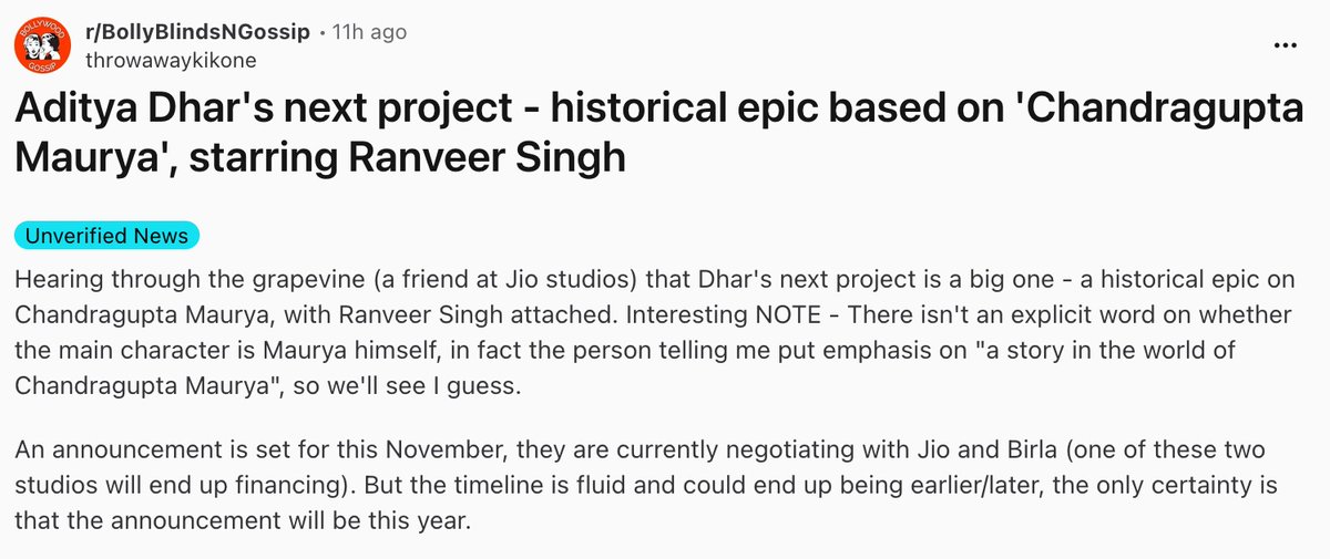 Bollywoodhq's tweet image. Surprising rumour on Reddit's Bollywood Blinds &amp;amp; Gossip: Aditya Dhar's next project - a historical epic based on 'Chandragupta Maurya', starring Ranveer Singh.

#bollywoodnews #bollywoodmovie #movies #dhurandhar2
