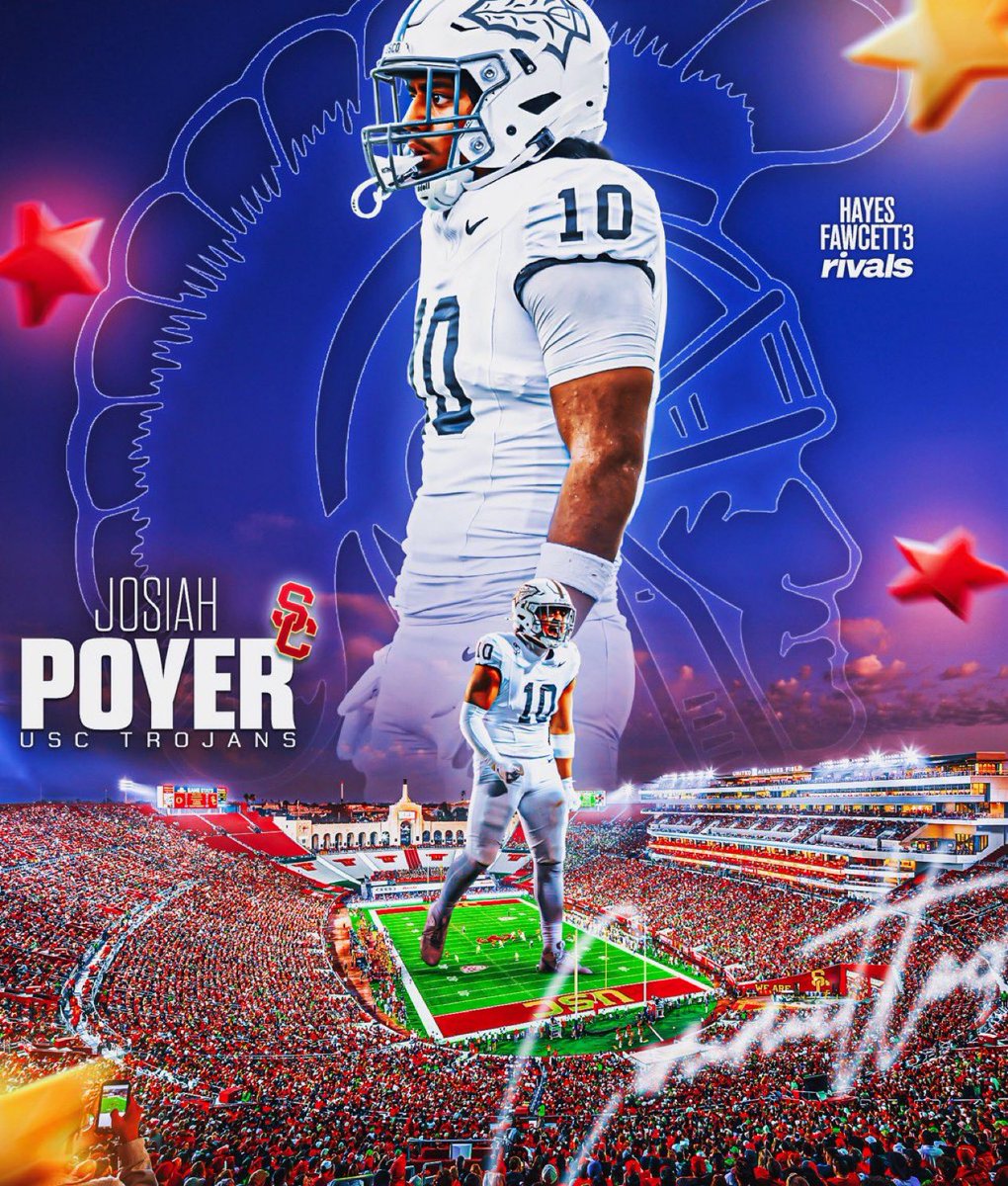 SchraderOn3's tweet photo. BREAKING: Class of 2027 LB Josiah Poyer has Committed to #USC, per @Hayesfawcett3 ✌🏼  The 6’1 226 LB from Bellflower, CA chose the Trojans over Notre Dame, Cal, and Michigan

“We home!” 
https://t.co/DMGZUFphDH via @On3USC https://t.co/Tva3VGocMZ