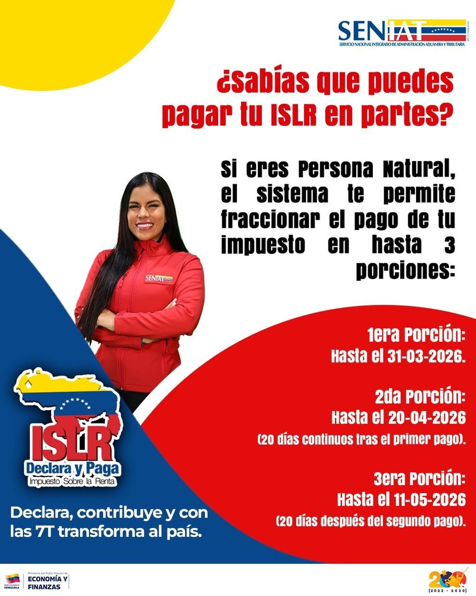 SENIAT_PtoSucre's tweet photo. Si eres Persona Natural puedes fraccionar tu pago del ISLR en cuotas. 🇻🇪❤️
Declara, Contribuye y con las 7T Transforma el País.
#Seniat #Venezuela #ISLR @SENIAT_Oficial https://t.co/o2eehFUMHi