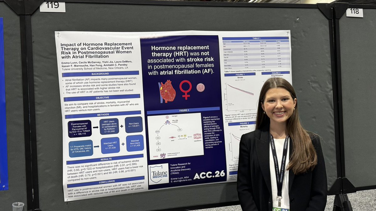 AmitabhCPandey's tweet image. Amazing work by @TulaneMedicine #students Emma Lunn &amp;amp; Cecile McGarvey presenting work on #women looking at #HRT and #Afib/#stroke. @BCM_InternalMed  &amp;amp; @EmoryDeptofMed lucky to be getting these two soon! @nmarrouche @HanFengGHD @emoryimchiefs @TulaneDDoM @ACCinTouch @TulaneTriad