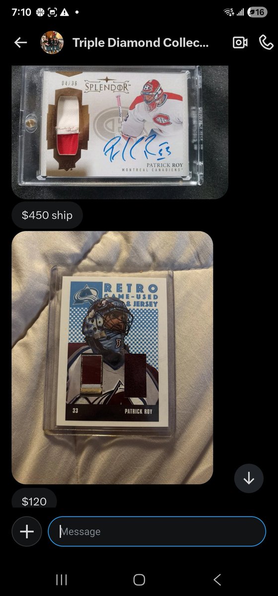 DanielLuss6826's tweet photo. @AlexHalimeh don't do business with this account, he responded to my ISO patrick roy post with 3 pictures of cards he clearly got off ebay from 3 sellers accounts trying to pass them as his own for a lot cheaper than market value. https://t.co/mPhh9BimZ6