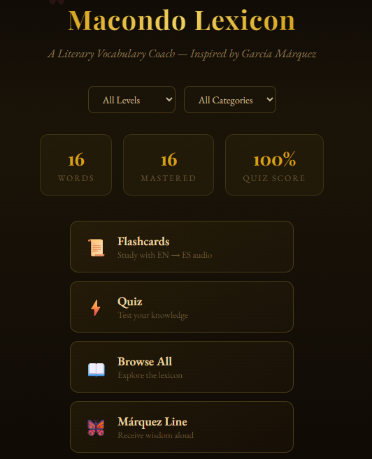 MackBronson's tweet photo. Here is an idle webapp to learn 100 Years of Solitude. Download it from github-linked below. Inspired by the 20th Century Novel of the Americas, Gabriel Garcia #Marquez #CienAños #España  #EducationForAll 
https://t.co/6Cex7T6xPw https://t.co/uyO76bdUrS