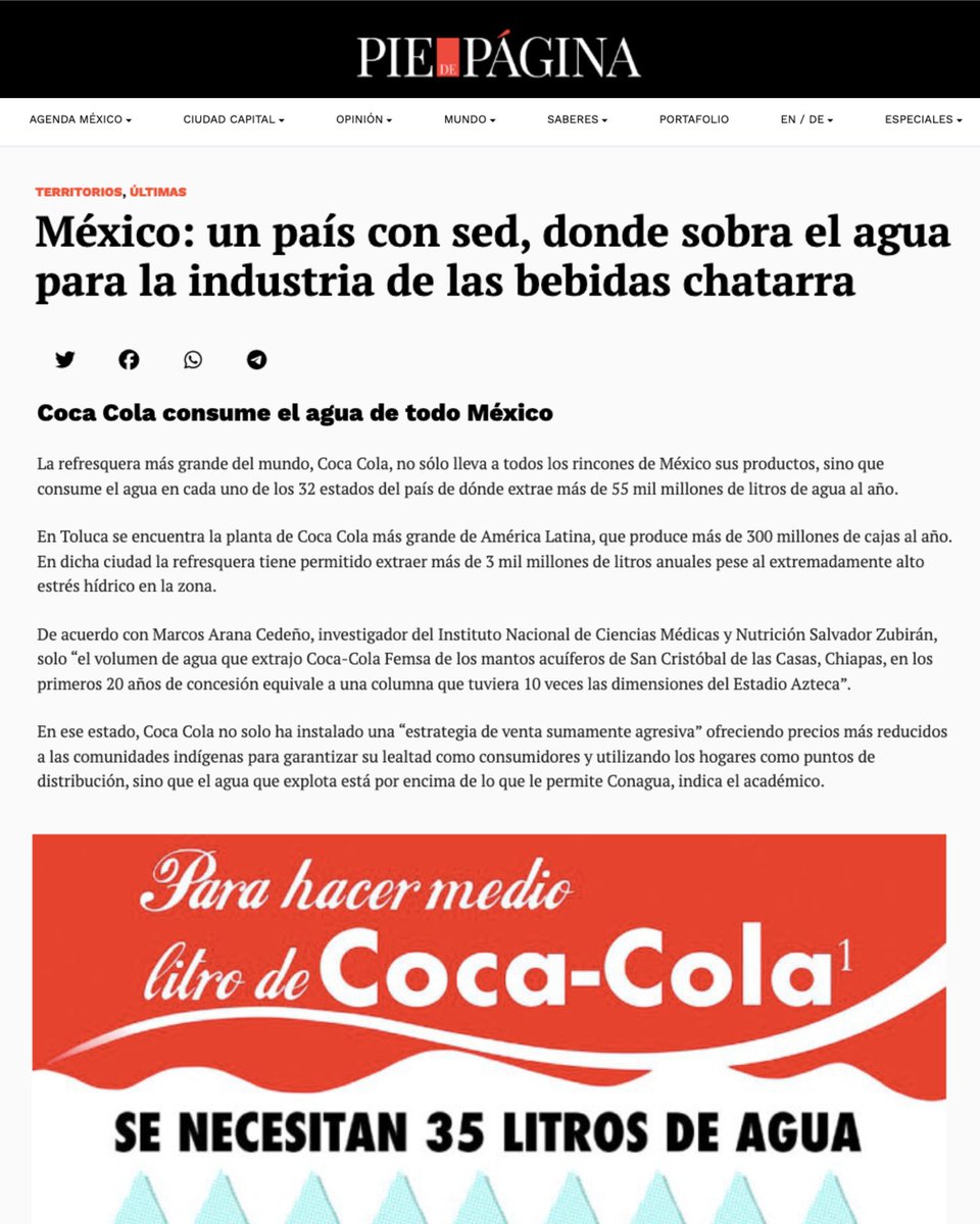 NutriCOI's tweet image. ⚽️ ¿Sabías que la cantidad de agua que #CocaCola extrajo de los manantiales de Chiapas en los primeros 20 años de concesión equivale a 10 veces el volumen del Estadio Azteca? 🏟️

Además, de dañar nuestra salud, se roba el agua de los mexicanos 😡

¿Qué opinas?👇
#Mundial2026