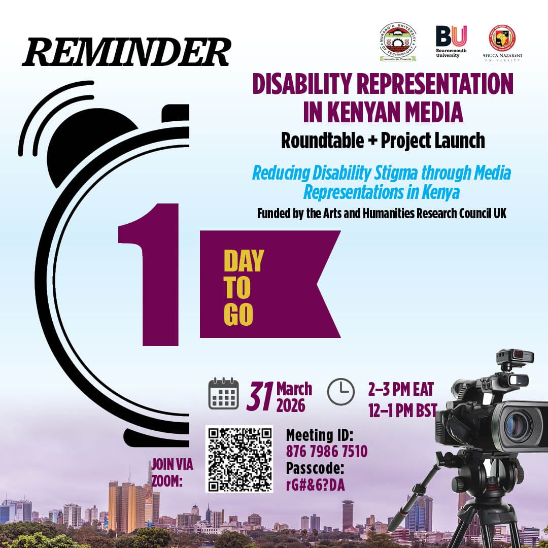 CAMRED_Project's tweet photo. 1 day to go! The countdown continues! Join us as we prepare for the launch of an important conversation on disability representation in Kenyan media.  Stay tuned and mark your calendar!
@MurangaUni
@africanazarene
@bournemouthuni
@jackielidubwi
@Obwavo
@TheEconomist254 https://t.co/NWcdEPxDBZ