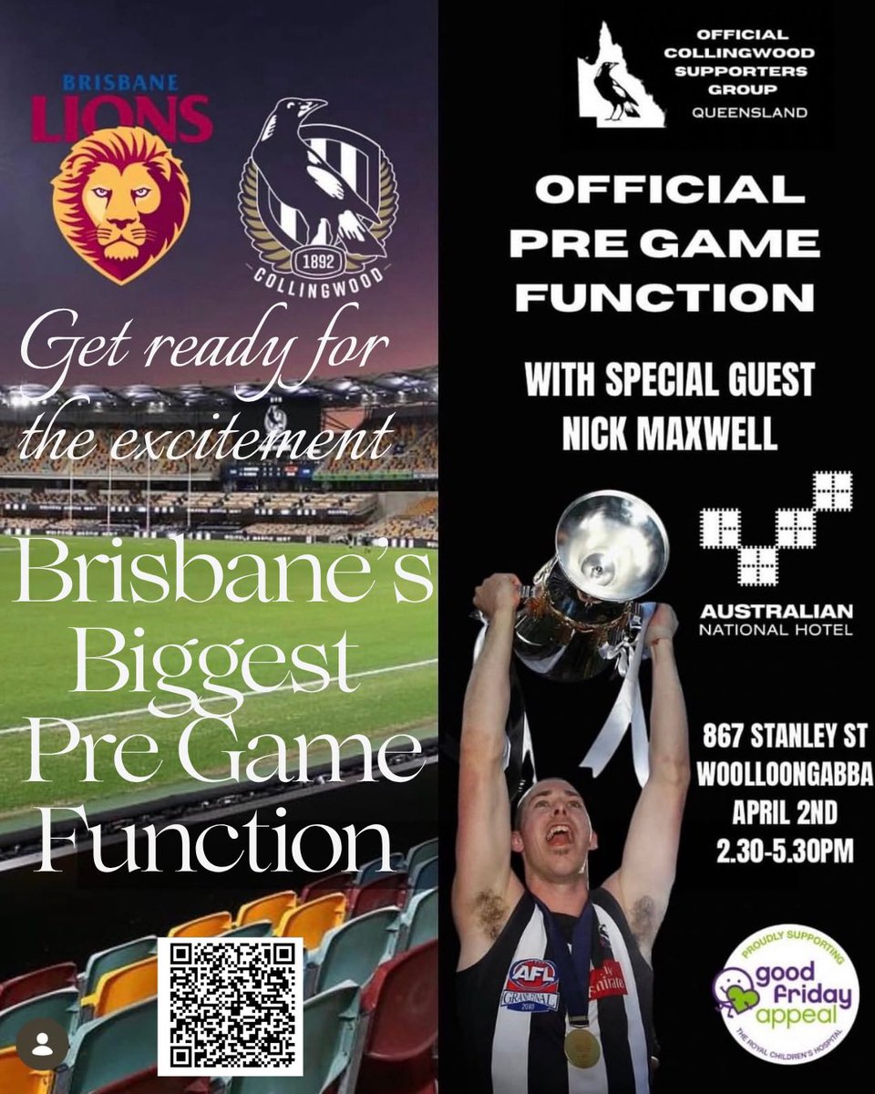 CollingwoodQLD's tweet photo. Calling all Lion Tamers (Pies supporters) 

Pregame function 2.30-5.30pm and March to the GABBA leaves at 5.30pm.

Nick Maxwell is our special guest. 

Tickets 🔗 https://t.co/bf1W9ZPd42

#collingwoodfc #afl #brisbanelions #gabba #brisbane #qld https://t.co/lf2uEABFa6