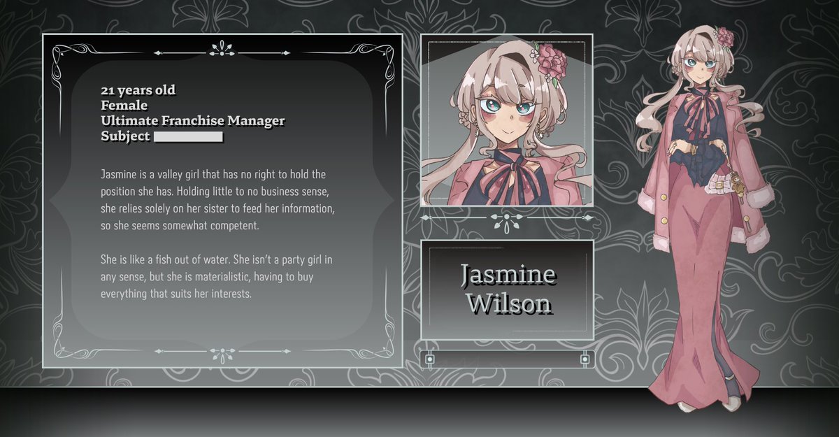 💼 ROLE ANNOUNCEMENT 💼

I’m super stoked to be joining the cast of <a href="/reverbbloodline/">Danganronpa: Reverberating Bloodlines</a> as the Hemorrhage Game’s valley girl Franchise Manager, Jasmine Wilson! 

I absolutely adore the art, and the concept of the project as a whole! Go check out the rest of the wonderful cast! 💜