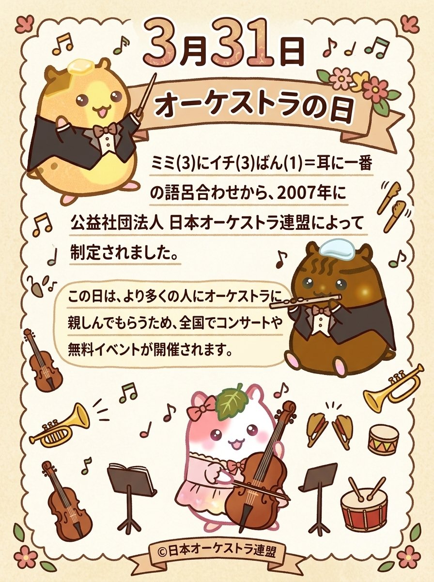 今日は何の日？
3月31日は #オーケストラの日

・チューニングはオーボエ
演奏前にオーボエが「ラ」の音を出し、それに合わせて他の楽器が調律します。これは、オーボエが音程を変えにくい楽器だからです。

・拍手は「足」