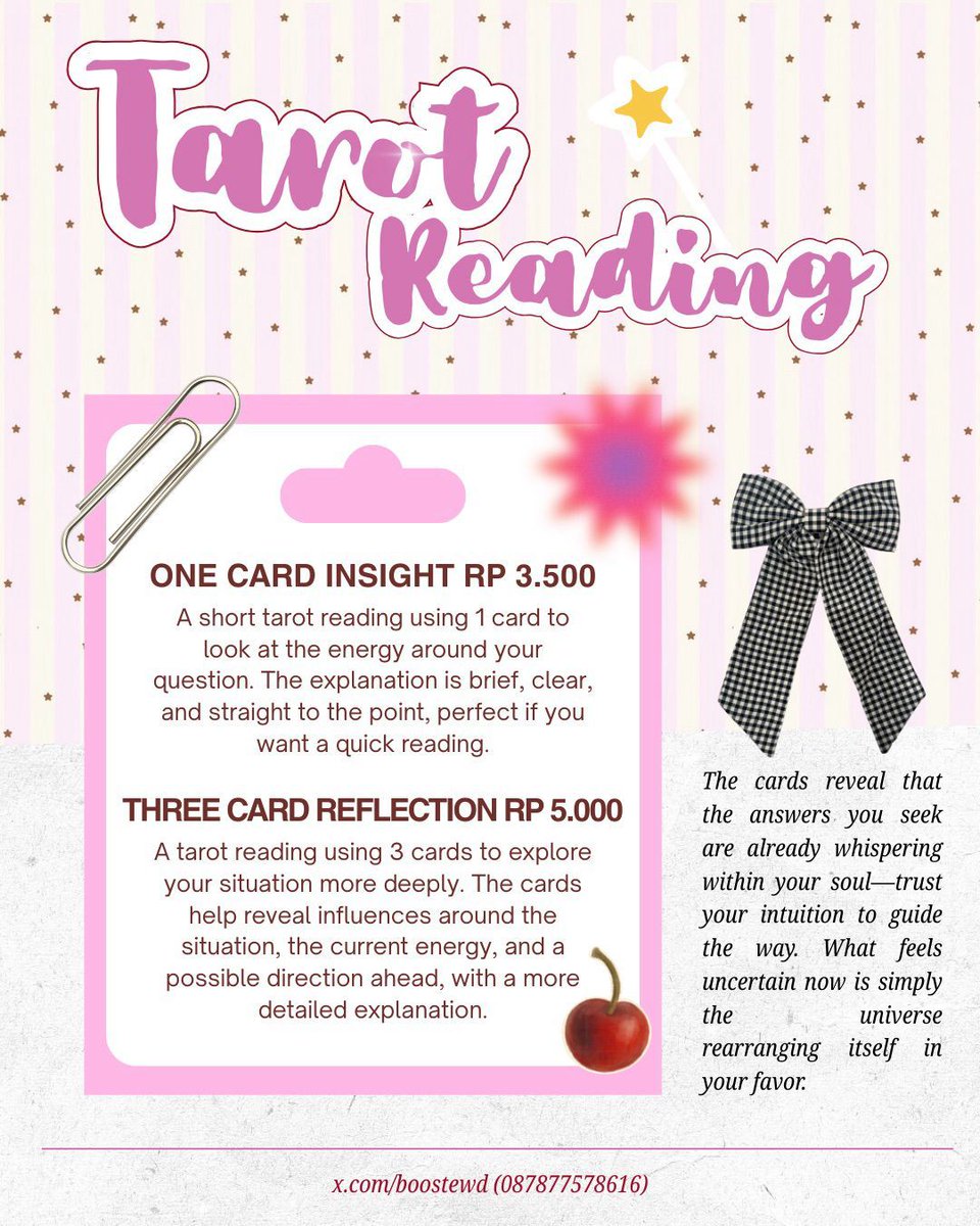 TAROT READING MURCE BISA DIBACAIN SEKARANG YAA ! 

3.500 — 5.000 / question ia, check paket di pic >_< #zonauang 

☎️: wa.me/6287877578616