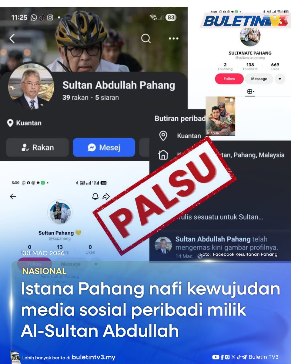 BuletinTV3's tweet photo. NASIONAL | Istana Pahang menafikan kewujudan sebarang akaun media sosial peribadi milik Sultan Pahang, Al-Sultan Abdullah Ri’ayatuddin Al-Mustafa Billah Shah.

#BuletinTV3 #IstanaPahang #SultanPahang #AlSultanAbdullah #Pahang #MediaSosial

Berita penuh di https://t.co/wNOqDFg7gn https://t.co/WPLVRkZZxW