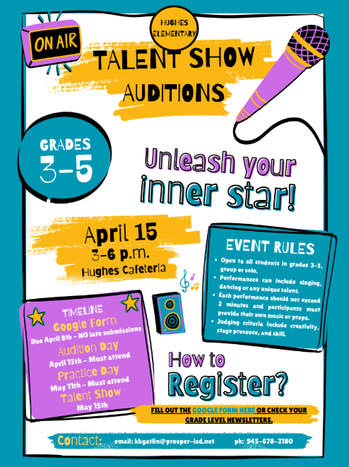 hugheselem's tweet photo. 3rd, 4th and 5th Grade students at Hughes are encouraged to audition for our Annual Talent Show!  Check your Grade Level Newsletters for the link to the Google Form that is due by April 8th!  Late submissions will not be accepted. https://t.co/Z2ZnyvO5Hm