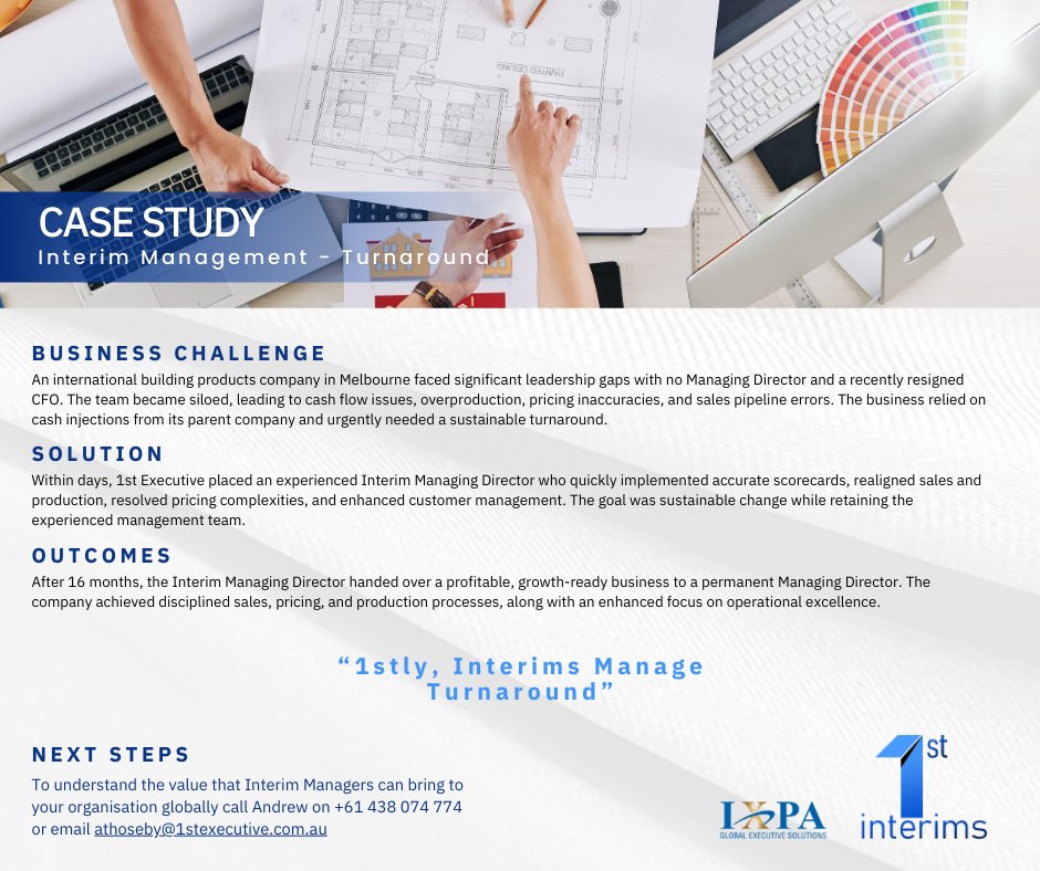 1stExecutive's tweet photo. Struggling with leadership gaps and operational issues? See how our interim manager drove profitability for an international building products company. Read more success stories on our website...https://t.co/1mh5ABUEsH #InterimManagement #BusinessTurnaround https://t.co/4WrLQJkKTh