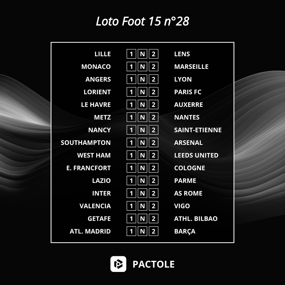 PactoleApp's tweet photo. ⚽ Loto Foot 15 n°28 est lancé ! 💰 2 000 000 € à gagner sur 15 matchs ! ⏰ Deadline : samedi 4 avril à 17h55

🎯 Maximise tes chances avec Pactole, l'outil indispensable pour optimiser ta grille !

👉 https://t.co/9Sh67cR2yP

#LotoFoot #Pactole #PointDeVente #TeamParieur https://t.co/CD0G2V2PF1