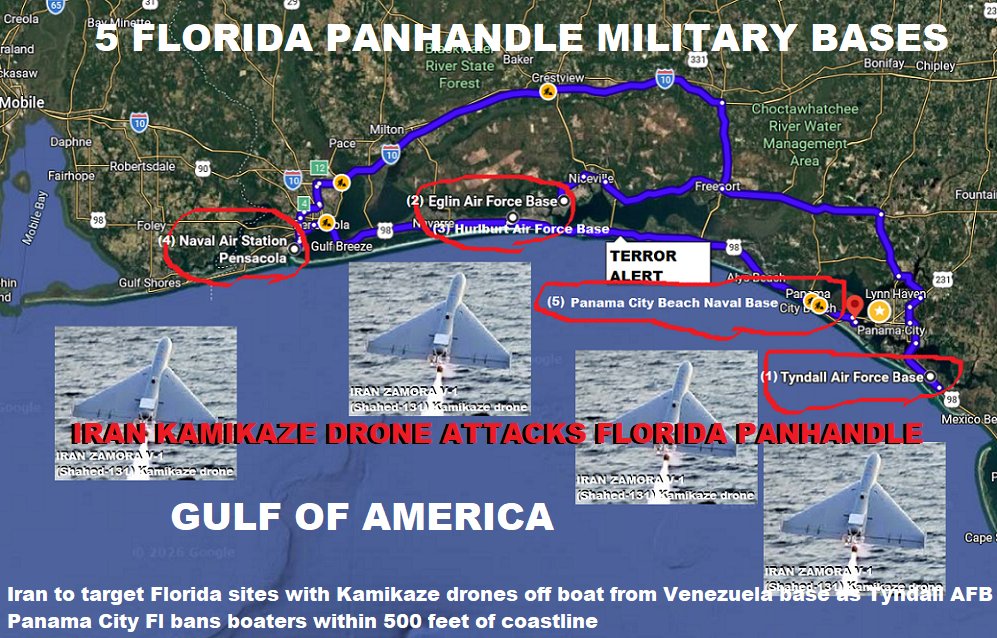 For those of you who are unaware, there a 5 strategic military bases located in the Florida Panhandle. Iran has established a significant military footprint in Venezuela, focusing on drone production. From the Pensacola Naval base to Eglin Air Force Base to Hurlburt Air Force