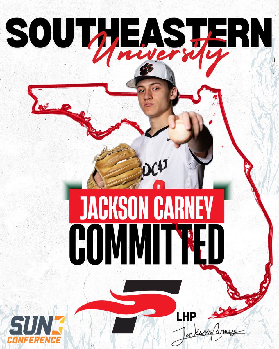 Jacksoncarney06's tweet photo. l am honoured to announce my commitment to Southeastern University. I want to give a special thanks to my family, teammates, and coaches who helped me reach this milestone. Thanks to Coach Grinder and SEU staff for this opportunity.

@PowerBSB 
@WinterParkCats 
@Brettsnell https://t.co/T04IYqiZzV