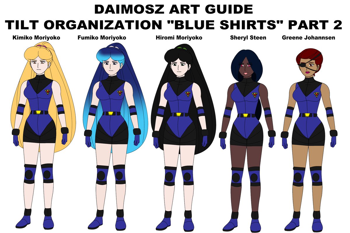 Another model sheet of more TILT Blue Shirts, the cannon fodder of the TILT Org.

Kimiko, Fumiko and Hiromi are some of my oldest characters made in 2012-2013 and are triplets, Sheryl is based on a background TILT Agent in Grand Nexus and Greene is based on my old design of Lani.