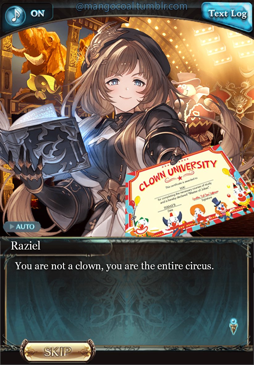 MangoCoal01's tweet photo. King, huh? Here's your clown. 
#gbf #granblue_fantasy #gbf_raziel #raziel #you_are_not_a_clown_you_are_the_entire_circus #ace_attorney #meme #parody https://t.co/OGqS4Ifwbe