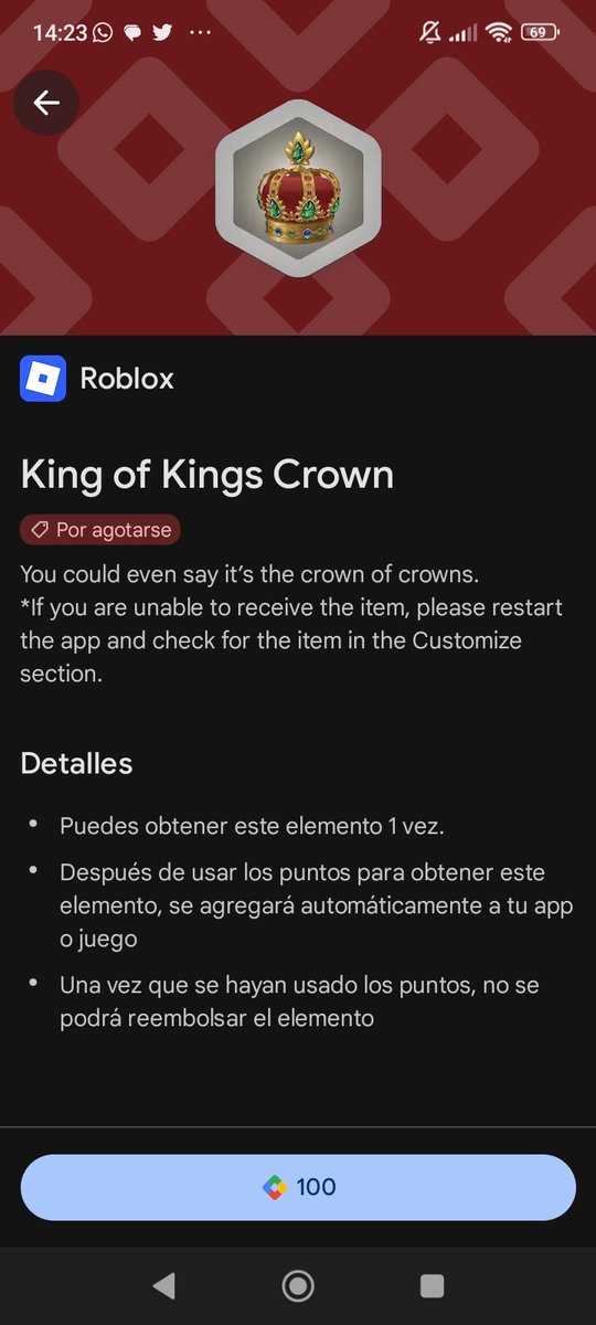Vendo corona exclusiva de Roblox "Kings of Kings Crown" a 5 USD pesos o 7500 pesos argentinos