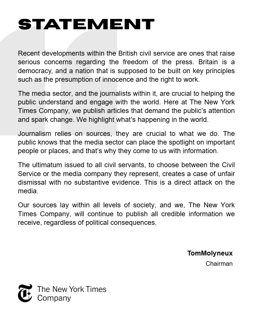 TNYTCRX's tweet photo. The Chairman of The New York Times Company has released the following statement following recent developments within the British Civil Service. https://t.co/3lRKs8IH6p
