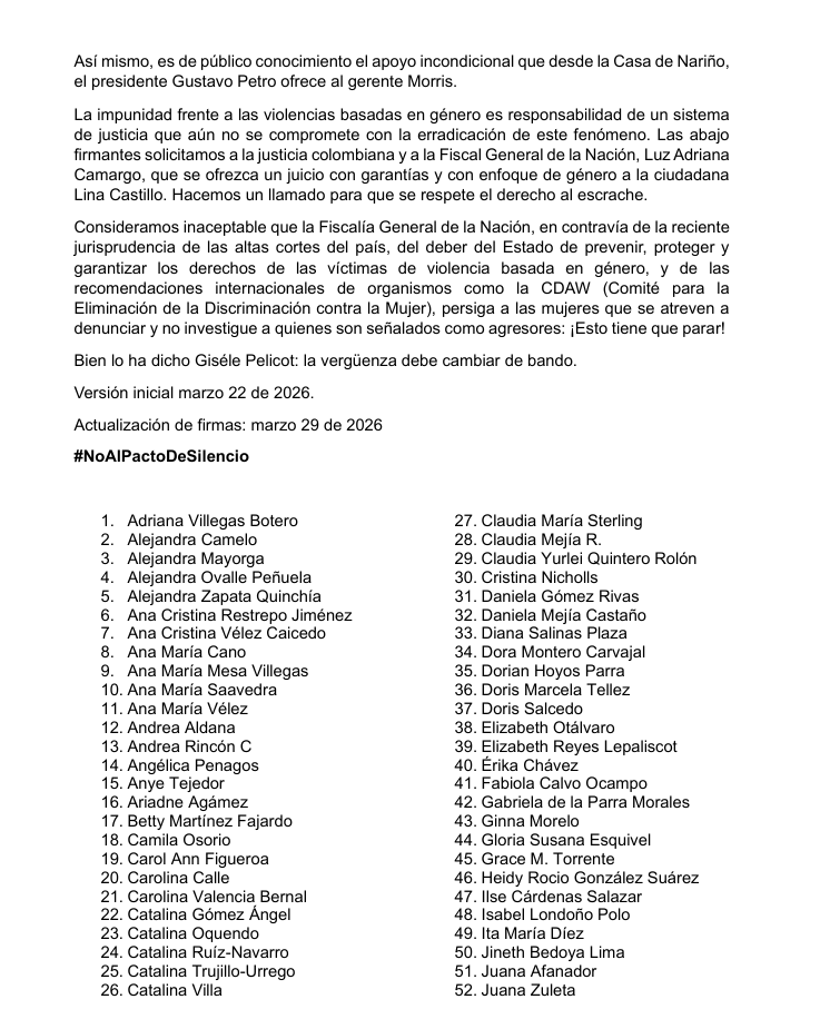 anacrisrestrepo's tweet photo. #NoAlPactoDeSilencio Esta es la carta en que denunciamos las acciones sistemáticas de @HOLLMANMORRIS para silenciar a mujeres que lo denuncian. 
Esta es la actualización de firmas, hoy somos 114 mujeres con voz pública que buscamos un cambio en el sistema. #CalladasNuncaMás https://t.co/VvVyULxVya