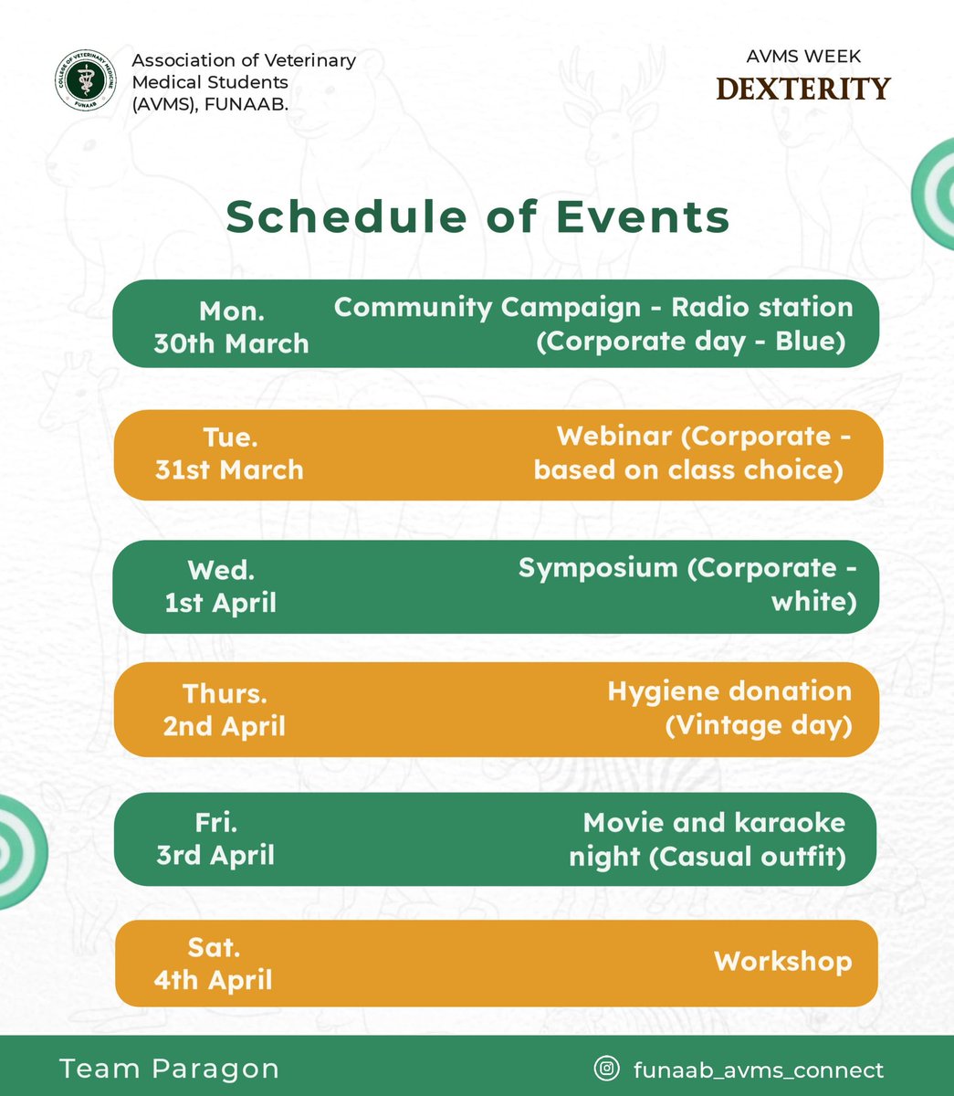 AVMS_FUNAAB's tweet image. AVMS Week 2026: DEXTERITY is officially here! 🐾✨
Impact, intellect, and pure vibes—all in one week. From corporate drip to vintage fits, we’re bringing the energy. 🥂🔥
Check the lineup &amp;amp; prep your fits! 👇
#AVMSWeek2026 #Dexterity #TeamParagon #FUNAAB