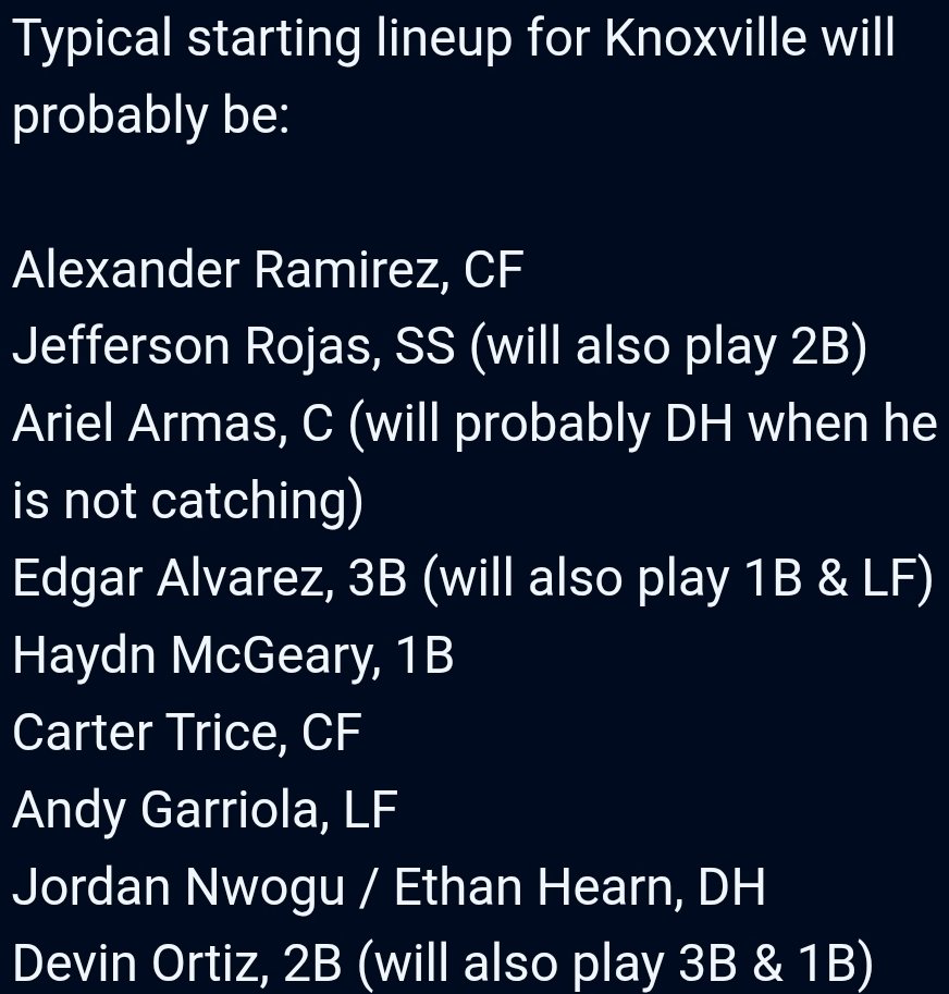 Probable Starting Lineups for Knoxville, South Bend and Myrtle Beach from Phil