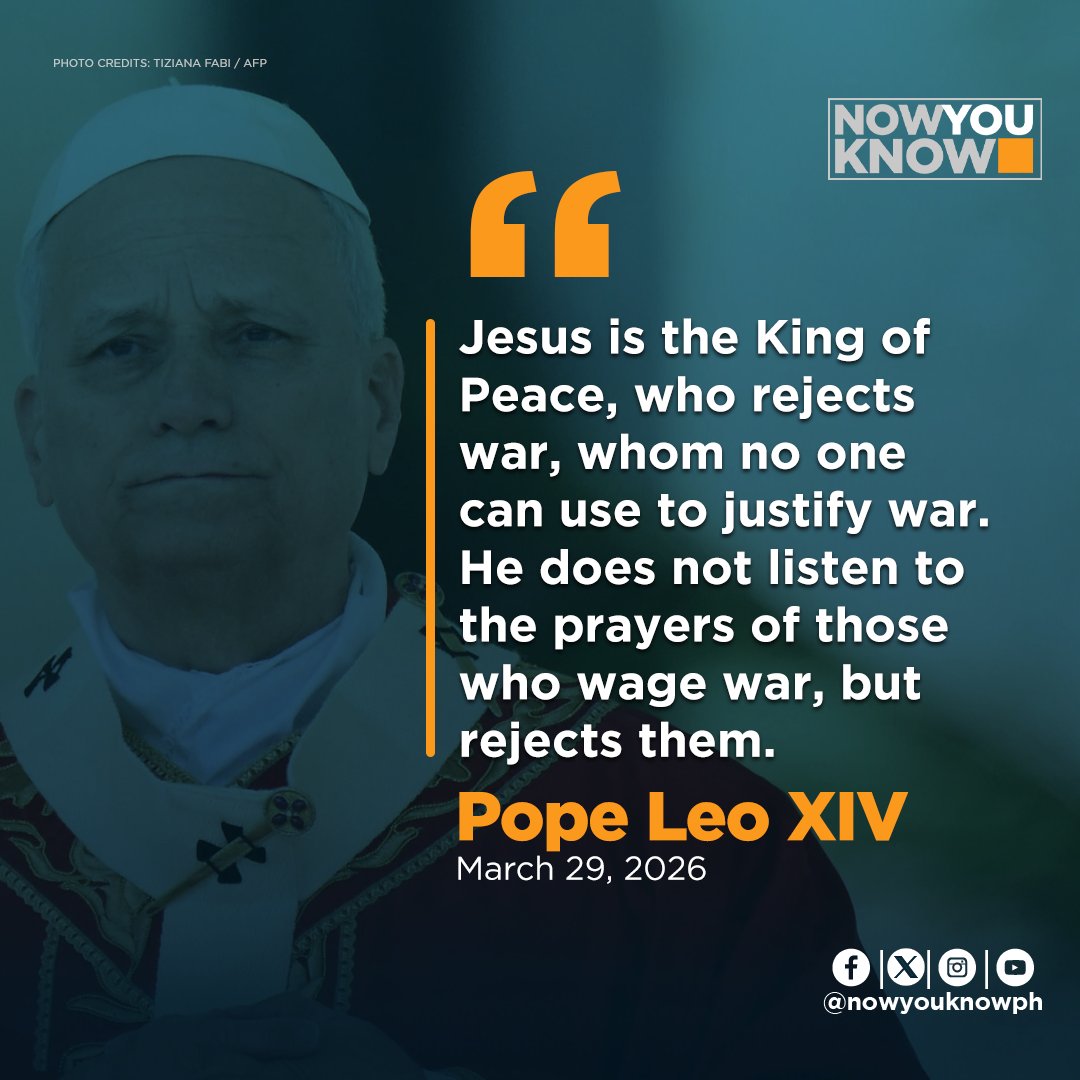 nowyouknowph's tweet image. ‘JESUS IS THE KING OF PEACE’

Pope Leo XIV reflects on Jesus' desire for peace, stressing that He rejects the prayers of those who wage war and stir up violence, during the Palm Sunday Mass.

I via Inquirer.net

#NowYouKnow
#NYK