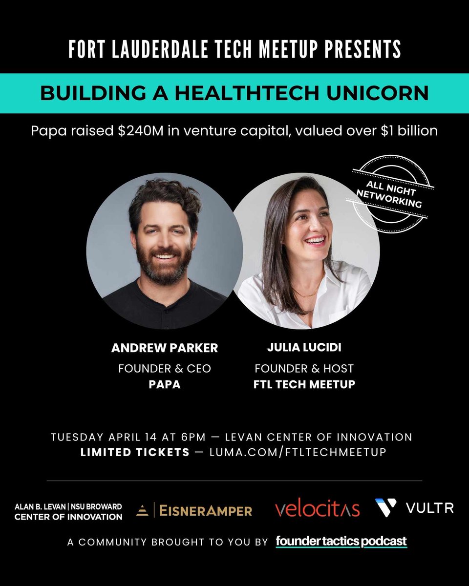 We're not a tech cocktail party. Miami has plenty of those. We designed this meetup for startup founders and builders in tech to connect &amp; help eachother. On April 14 our speaker is a #healthtech unicorn founder, who was invested by <a href="/alexisohanian/">Alexis Ohanian 🗽</a> luma.com/ftltechmeetup