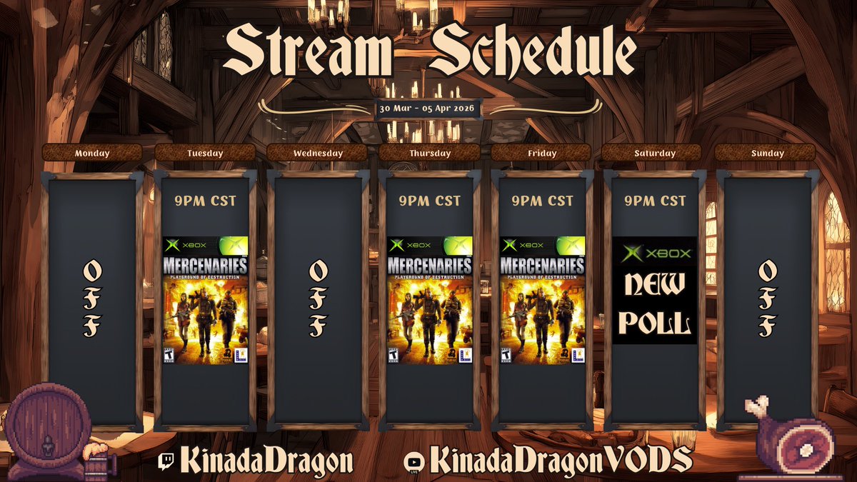 STREAM SCHEDULE FOR THE WEEK!

Monday I will be setting up the 2nd PC to hopefully be the better gaming PC for my setup!

As always, once we complete Mercenaries: PoD, we will see where the votes sit at for the next game and if any tie, tiebreaker wheel time!