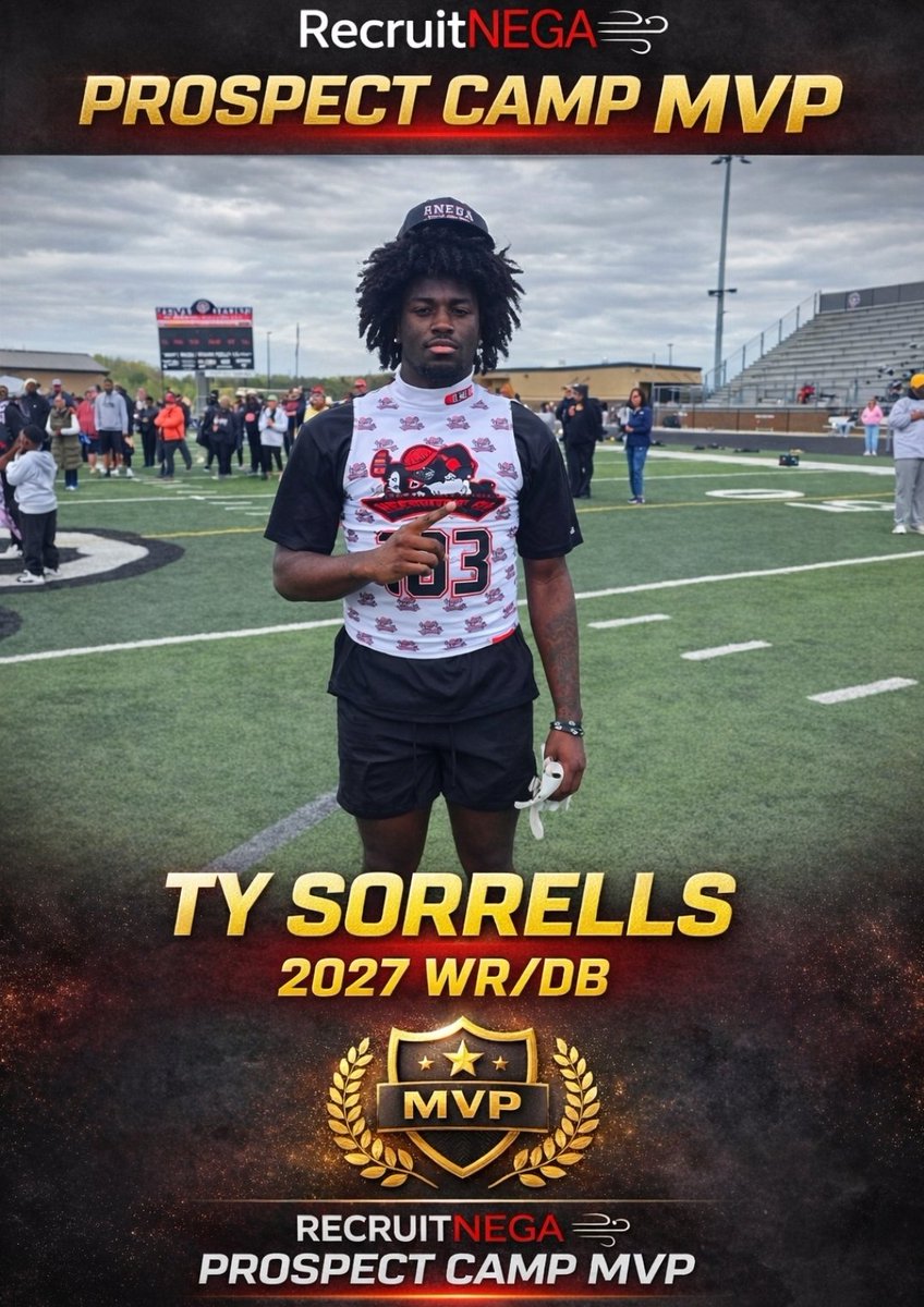 CoachDaniels06's tweet image. PROSPECT CAMP MVP 🏆

2027 WR/DB Ty Sorrells showed out at the RecruitNEGA Prospect Camp and took home MVP honors.

Holds offers from Old Dominion, Campbell and Andrew College 

Elite playmaking. Big-time impact. Stock rising 📈

#RecruitNEGA #MVP #ClassOf2027 #WR #DB