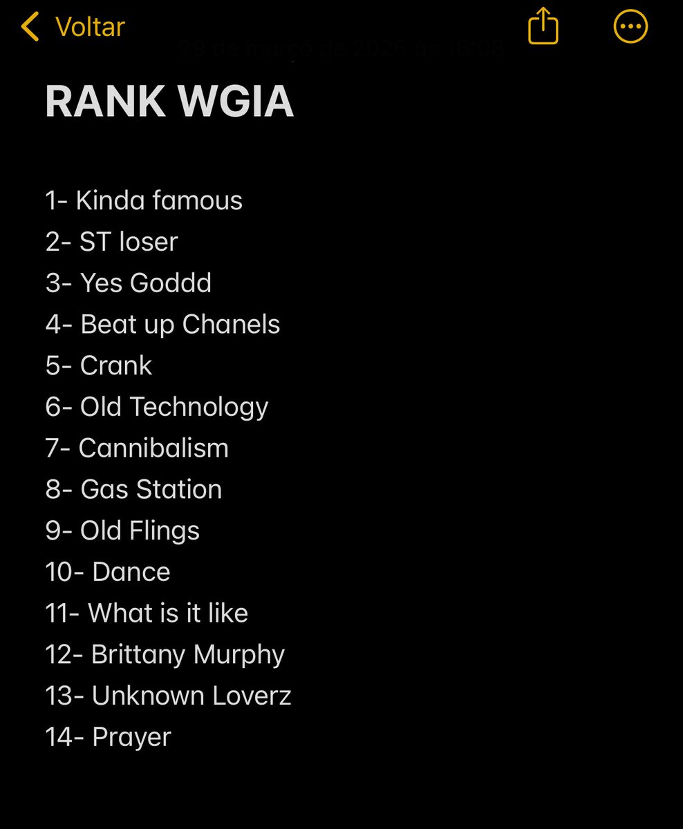 rank perfeitinho, as últimas são as q eu menos escuto e msm assim todas são 10/10