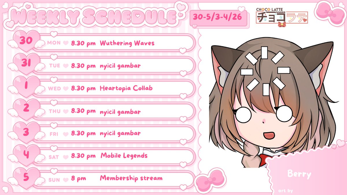 ChocoLatteCh_'s tweet photo. Choco Latte Schedule for this week~! ❤️🍓🍫  
https://t.co/am6CHMWK9O
【#Chocolattags】
❥ General : #Chocolattech
❥ Arts : #Gambaratte
❥ Memes : #Chocomedy
❥ Cover : #Chocover
❥ Collab : #Chocollab
❥ Live : #ChocOnAir / #ChocoLive
❥ Games : #Chocogames
❥ Clip : #ChocoClip https://t.co/UjQ3hURlO5