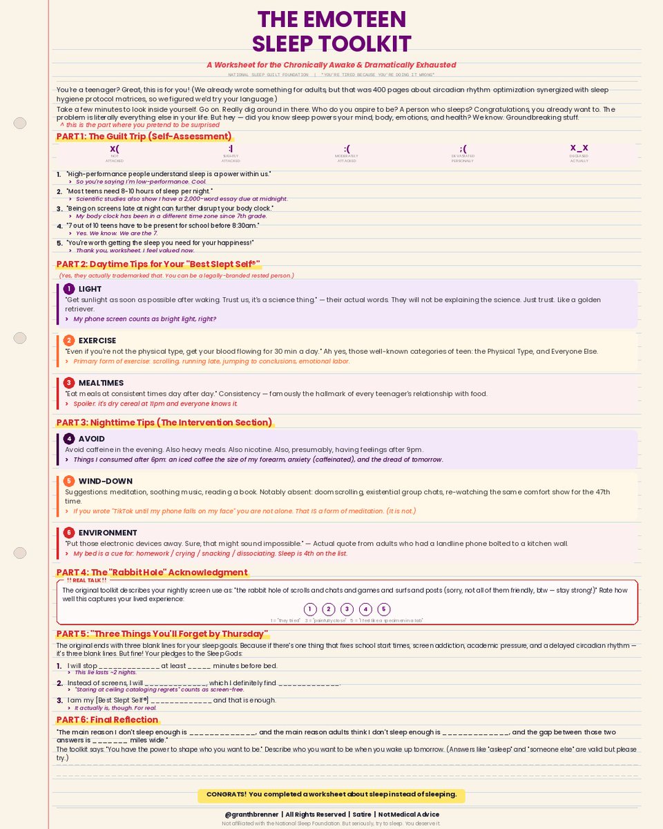 GrantHBrennerMD's tweet image. Emoteen Sleep Worksheet

Not medical advice, all rights reserved, satire

#sleephygiene #emo #parenting #teenagers #screenagers